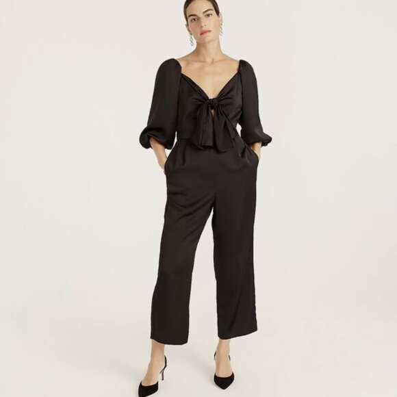 J. Crew Pants - J.Crew Black 3/4 Sleeve Tie-front Satin-back Side Pockets Jumpsuit